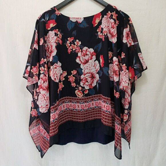 APT. 9 Women's Black Floral Sheer Overlay Poncho Top Boho Chic Festive Size M - Picture 4 of 10